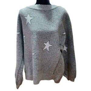 Bunulu Sweater  2X Gray, White Stars Thick Knit Long Sleeves Round Neckline NWT